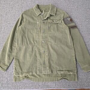 Free People Oversized Military Shirt Jacket Army Green Beaded Patch S